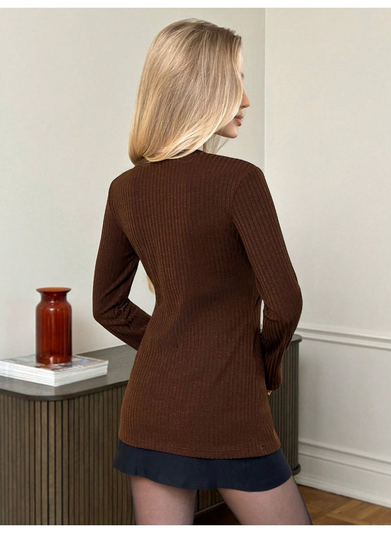 SHEIN Women's Autumn/Winter Elegant Knitted Ribbed Metallic Button Decor Flare Sleeve Hollow Out Casual Commuter Long Sleeve Fitted T-Shirt, Coffee Brown - Image 2